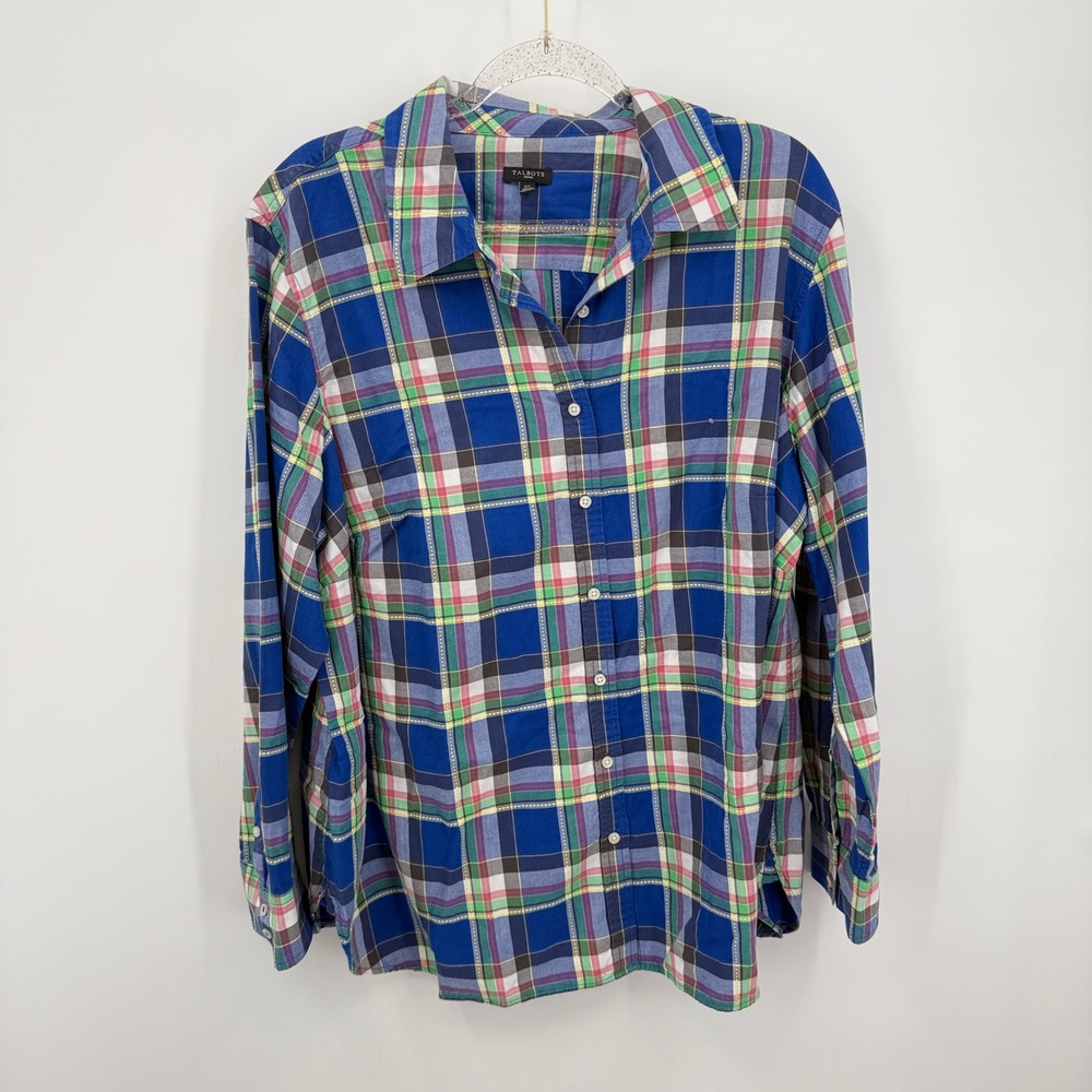Talbots Woman 2X Blue Plaid Button Down Long Sleeve Cotton Shirt‎ Top
